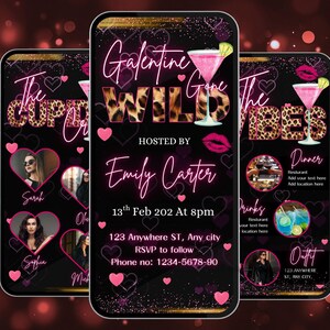 May include: Three smartphone screens displaying a Galentine's Day party invitation. The design features a black background with pink hearts, leopard print text, and cocktail illustrations. The invitation includes event details and RSVP information.