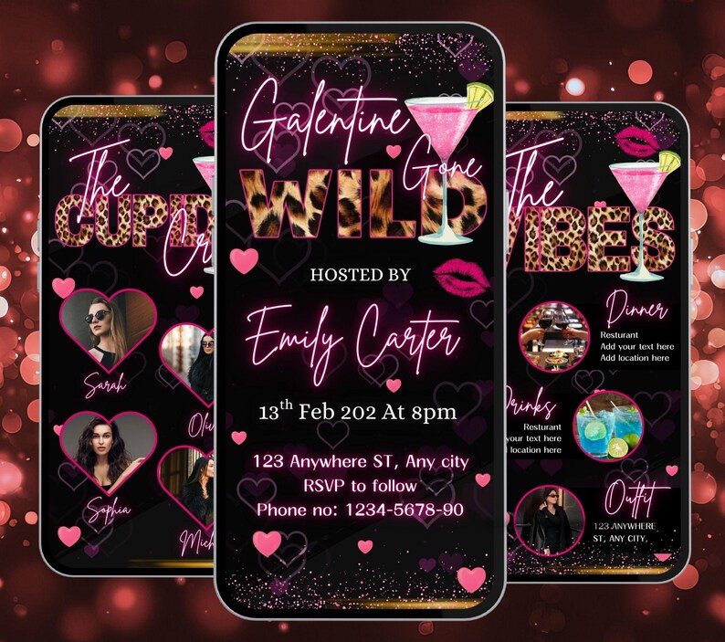 May include: Three smartphone screens displaying a Galentine's Day party invitation. The design features a black background with pink hearts, leopard print text, and cocktail illustrations. The invitation includes event details and RSVP information.