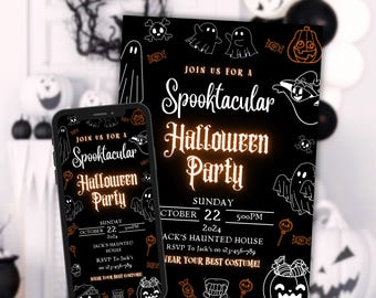 Spooktacular Neon Halloween Party Invitation Template, Editable Adult Halloween Invite, Printable Fun Beer Invite, Ghost Cocktails design