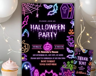 Editable Neon Halloween Party Invitation, Halloween Spooky Party Invite, Spooky Costume Party Invite, Glow Party, Modern Birthday