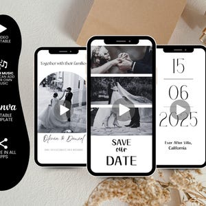 Puede incluir: Un anuncio de boda en blanco y negro con tres clips de video. El primer clip muestra a una pareja bailando, el segundo clip muestra un primer plano de las manos de la pareja y el tercer clip muestra a la pareja caminando hacia atrás. El texto en el anuncio dice "Juntos con sus familias, Olivia & Daniel, Únase para celebrar nuestra boda, Guarde nuestra fecha, 15.06.2025, Ever After Villa, California."