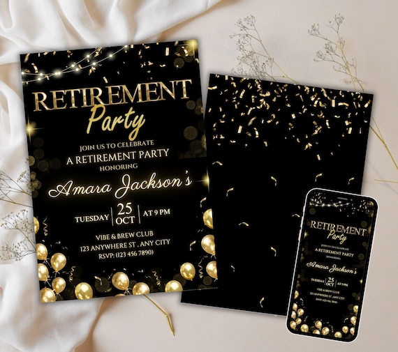 Retirement Party Invitation Template, Editable Retirement Dinner Elegant Black White Gold Sparkle Glitter, Retirement Party It's a Surprise