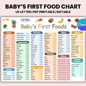Baby Food Checklist Template, Printable 120+ First Foods Baby Led Weaning Infant Nutrition Guide Meal Planner, New Mom, Food Checklist