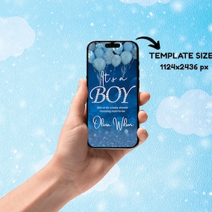 May include: A blue and silver baby shower invitation with the text "It's a Boy" and a design of blue and silver balloons. The invitation is displayed on a smartphone screen.