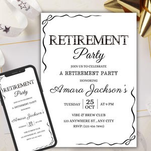 Modello di invito per la festa di pensionamento con fiocco nero modificabile Elegante cena di pensionamento Festa di pensionamento minimalista con fiocco nero È una sorpresa