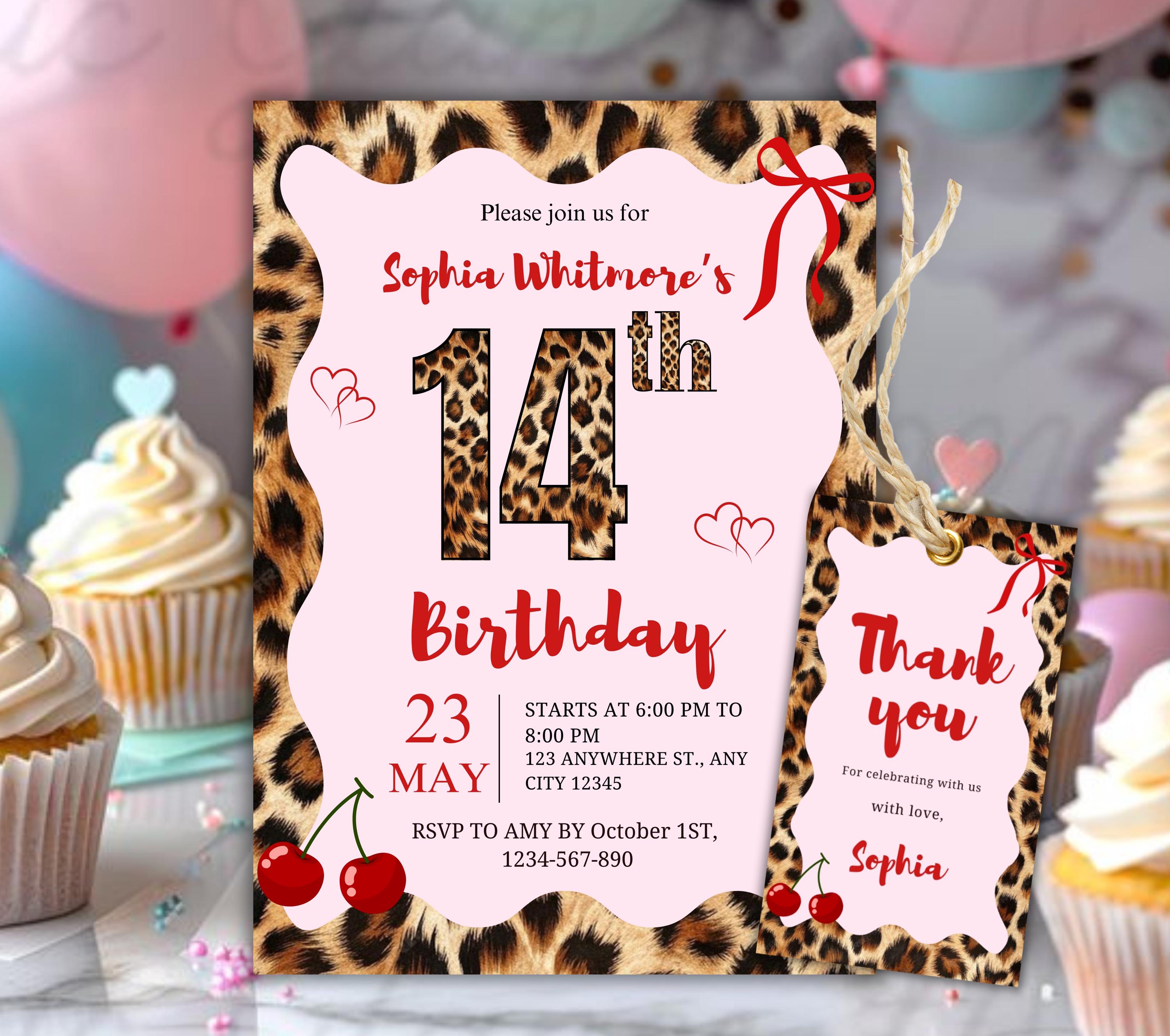 Digital 14th Cheetah Theme Birthday Invitation, Leopard Birthday