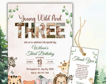 Invitation de jeune sauvage et de trois anniversaires, invitation de troisième anniversaire de garçon sauvage, invitation d'anniversaire d'animal de safari, invitation de 3e anniversaire avec la photo