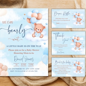 Blue Teddy Bear Baby Shower Invitation Set, Editable We Can Bearly Wait Baby Shower Invite, Brown Baby Bear, Boy Baby Shower Invitation