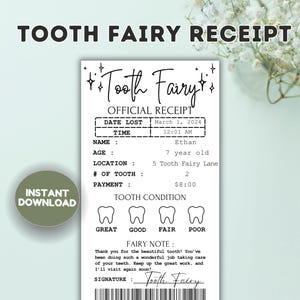 Certificat imprimable de reçu de fée des dents modifiable, première dent perdue, lettre de fée des dents réaliste, lettre de fée des dents pour enfants, dent perdue