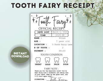 Editable Tooth Fairy Receipt Printable Certificate, First Tooth Lost, Realistic Tooth Fairy Letter, Kids Tooth Fairy Letter, Lost Tooth