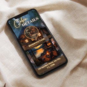 Peut inclure: Un smartphone affiche un graphique de d&eacute;tails de chalet. L'&eacute;cran montre une illustration de chalet avec le texte "Cabin Details" et "Residence Name". Le bas de l'&eacute;cran affiche l'adresse "123 Anywhere Street, Any City, CA, 12346."