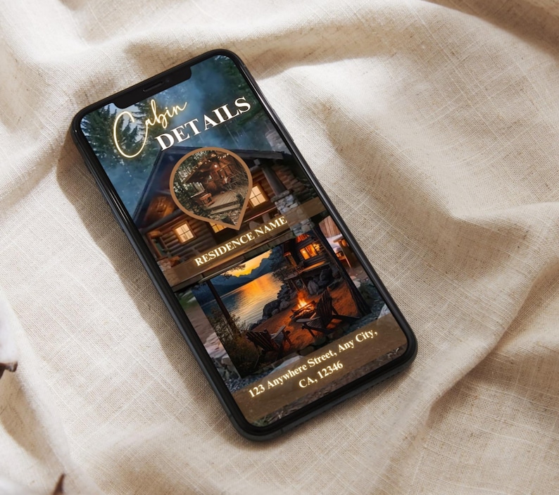 Peut inclure: Un smartphone affiche un graphique de d&eacute;tails de chalet. L'&eacute;cran montre une illustration de chalet avec le texte "Cabin Details" et "Residence Name". Le bas de l'&eacute;cran affiche l'adresse "123 Anywhere Street, Any City, CA, 12346."