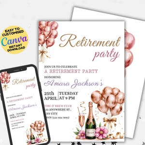 Modello di invito modificabile per la festa di pensionamento con champagne, elegante cena di pensionamento, festa di pensionamento minimalista a tema champagne
