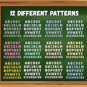 May include: A green chalkboard displays the text "12 DIFFERENT PATTERNS" above twelve different alphabet and number patterns. The letters and numbers are in various colors and styles, set against a wooden frame.