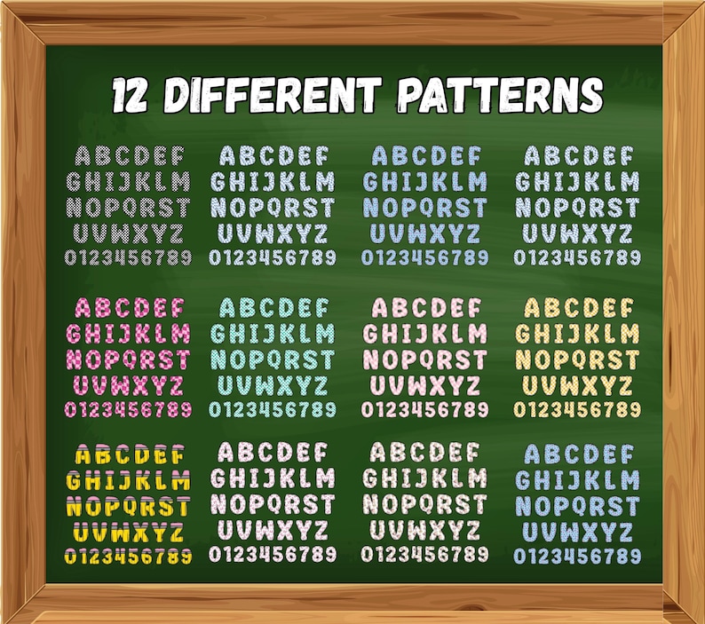 May include: A green chalkboard displays the text "12 DIFFERENT PATTERNS" above twelve different alphabet and number patterns. The letters and numbers are in various colors and styles, set against a wooden frame.