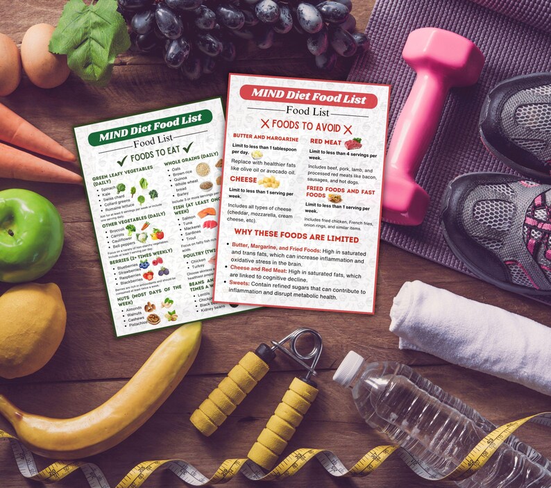 May include: Two MIND Diet Food List printable guides with a checklist of foods to eat and foods to avoid. The guides are on a wooden table with a measuring tape, a water bottle, hand weights, a towel, and a pair of sneakers.