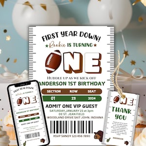 Editable Football 1st Birthday Invitation, First Year Down Football Invite, Football Field Birthday Invitation Template, Boy 1st Birthday