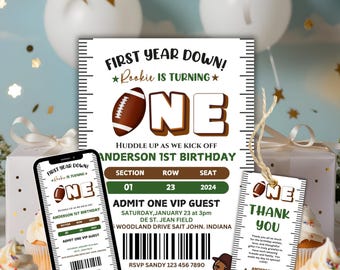 Editable Football 1st Birthday Invitation, First Year Down Football Invite, Football Field Birthday Invitation Template, Boy 1st Birthday