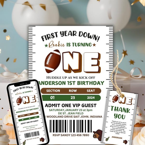 Editable Football 1st Birthday Invitation, First Year Down Football Invite, Football Field Birthday Invitation Template, Boy 1st Birthday