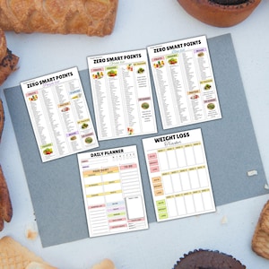 May include: A collection of printed planner sheets, including a weight loss tracker, daily planner, and several "Zero Smart Points" lists. The sheets are white with colorful accents and text. Baked goods surround the sheets.