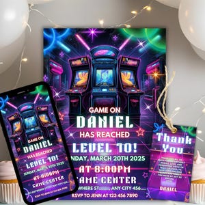 Arcade Birthday Invitation Template, Arcade Neon Game Invite, Retro Gaming Party Invite, Digital Video Game Birthday Invite Boys Gamer Party