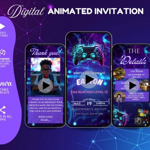 May include: A digital animated invitation template featuring a neon blue and purple gaming theme. The design includes a video game controller graphic, text fields for event details, a photo placeholder, and the text Digital Animated Invitation.
