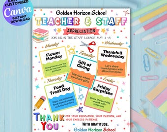 Teacher Appreciation Week Flyer Template Editable, Teacher & Staff Appreciation Schedule Itinerary, PTO PTA Event Newsletter,  Week Flyer