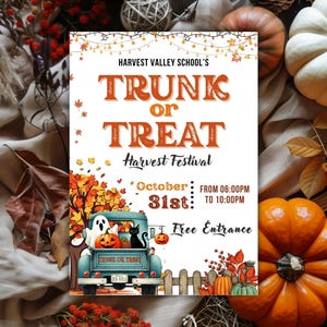 May include: A poster advertising a Harvest Valley School's Trunk or Treat event. The design includes a teal pickup truck with Halloween decorations. The text announces the Harvest Festival on October 31st, from 6:00 PM to 10:00 PM, with free entry.