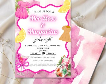 Modello di invito per la festa di compleanno Mumus Mimosa modificabile, invito per il brunch, invito digitale per la cena Muumuus, invito per la serata tra ragazze MooMoo