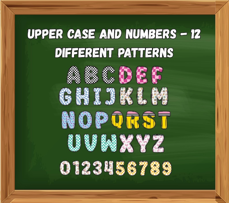 May include: A chalkboard displays uppercase letters and numbers with 12 different patterns. The letters and numbers are in various colors and patterns, including checkered, floral, and polka dot designs. The text "UPPER CASE AND NUMBERS - 12 DIFFERENT PATTERNS" is at the top.