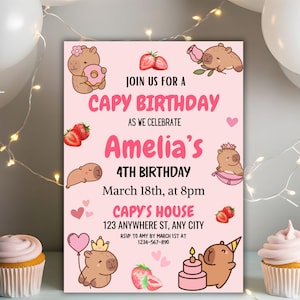 Editable Capybara Birthday Invitation Template, Cute Capy Birthday, Animals Kids Birthday girl Birthday Theme, Pet Lover Birthday Invitation