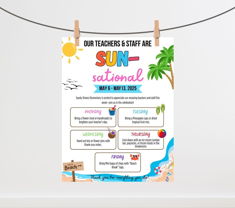 Editable Beach Theme Teacher & Staff Appreciation Sunsational Itinerary ...