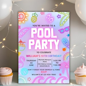 Editable pool party invitation, Glow neon invite, Tropical tie dye birthday pool party invitation, swimming party Invitation