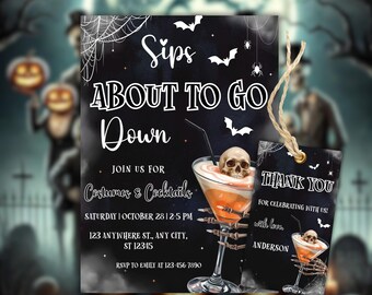 Editable Adult Halloween Party Invitation, Sips About to Go Down Skeleton Halloween Invite Cocktails and Costumes Invite Halloween Cocktails