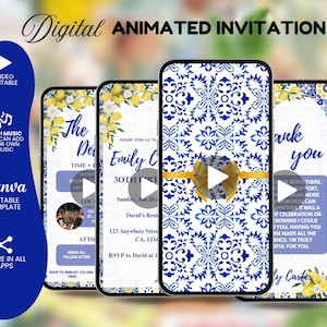 Könnte beinhalten: Digitale animierte Einladung, die auf Smartphones angezeigt wird. Das Design zeigt ein blau-weißes Blumenmuster, gelbe Akzente und Text. Die Einladung ist editierbar und enthält Optionen für Video, Musik und Teilen.