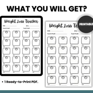 May include: Printable weight loss tracker with a grid of 36 weight scale icons. The tracker includes sections for date, current weight, year, and target weight. The text "Printable" is in a black circle in the top right corner.