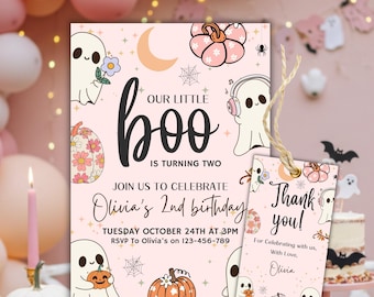 Editable Our Little Boo is Turning Two Invitation, Halloween Birthday Invitation, Pink 2nd Birthday Girl Invitation, Cute Pink Ghost Party