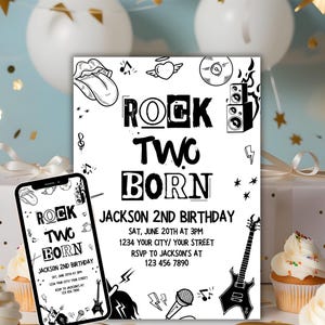 Bearbeitbare Rockstar-Geburtstagsfeier-Einladung, Rock and Roll-Einladung zum 2. Geburtstag, Born Two Rock einladen, Rockmusik-Einladung