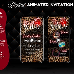 Animated Neon Red Cherry Girls Night Invite, Editable Pink Leopard Birthday Invitation, Jungle Glam Lets get Wild Birthday Party Invite