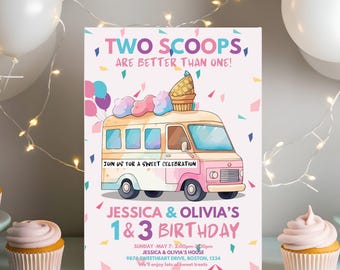Editable Ice Cream Truck Twin Birthday Invitation, Twin Ice Cream Birthday Invitation, Two Scoops Are Better Than One, Here's the Scoop Cone