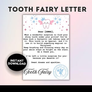 Lettre modifiable de fée des dents, accessoire de coussin de fée des dents, imprimable de fée des dents, certificat de première dent, lettre de fée des dents pour enfants, perdu