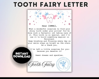 Editable Tooth Fairy Letter, Tooth Fairy Pillow accessory, Tooth Fairy Printable, First Tooth Certificate, Kids Tooth Fairy Letter, Lost