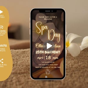 Faire-part numérique pour une journée au spa, itinéraire d&#39;anniversaire animé pour une fête au spa, soirée pyjama pour vous dorloter, soirée entre filles, soirée manucure pédicure