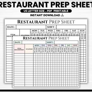 Restaurant Prep Sheet Printable, Food Prep Chart, Food Prep Sheet, Restaurant Opening, BOH Checklist, Restaurant Prep Checklist, Restaurant