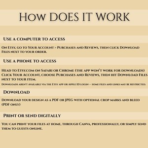 May include: A beige graphic with the title "HOW DOES IT WORK" in black. Instructions are provided on how to access and download files from Etsy using a computer or phone. The text also explains how to print or send the files digitally.