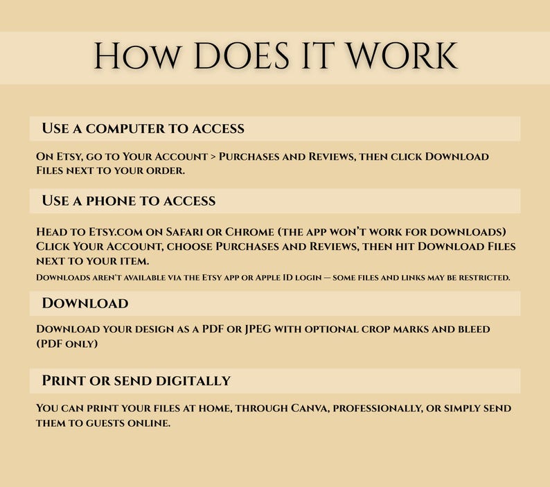 May include: A beige graphic with the title "HOW DOES IT WORK" in black. Instructions are provided on how to access and download files from Etsy using a computer or phone. The text also explains how to print or send the files digitally.