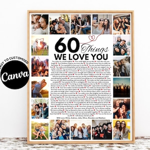 60 Reasons We Love You Custom Photo Collage Editable Template 60th birthday gift for mom 60 Things About Dad Birthday Mom&#39;s 60th Anniversary