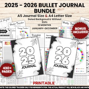 2025-2026 Bullet Journal Bundle Printable, Bullet Journal Pintables, Premade 2026, Daily Weekly Monthly Habit Mood Trackers, 2025 Journal