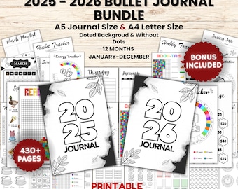 2025-2026 Bullet Journal Bundle Printable, Bullet Journal Pintables, Premade 2026, Daily Weekly Monthly Habit Mood Trackers, 2025 Journal