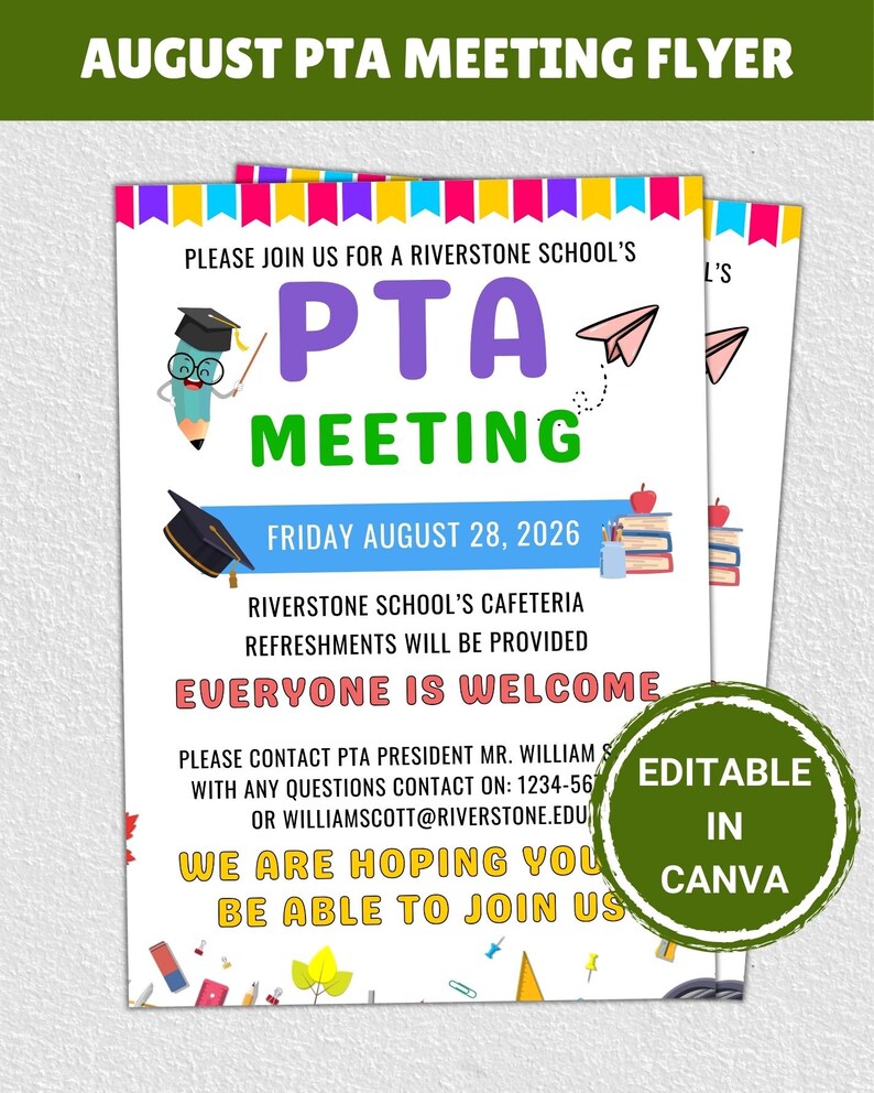 Editable August PTA Meeting Flyer, School Recruitment, Back to School ...